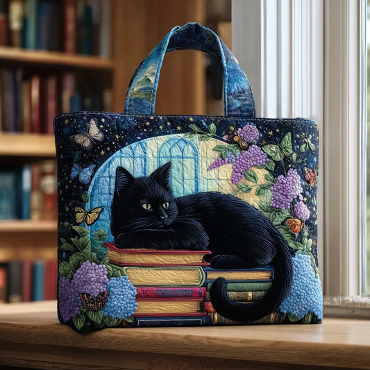 Handgefertigte Tasche | Schwarze Katze in Büchern