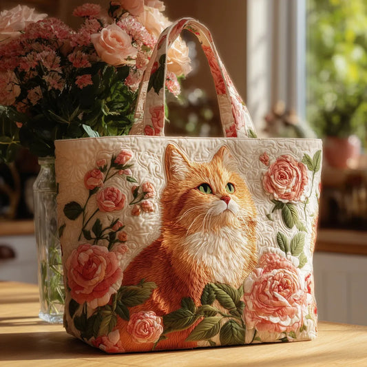 Handgefertigte Tasche | Orange Katze mit Rosen