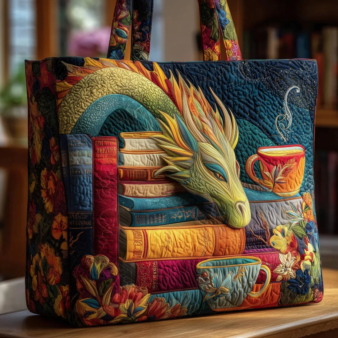 Handgefertigte Tasche | Drache beim Lesen von Büchern und Tassen