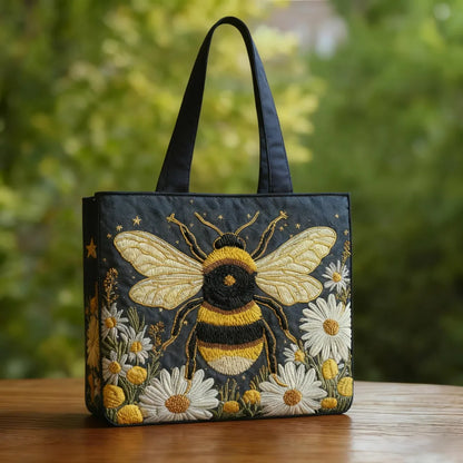 Handgefertigte Tasche | Biene auf Margeriten und Sternen