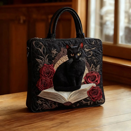 Handgefertigte Tasche | Schwarze Katze auf Büchern