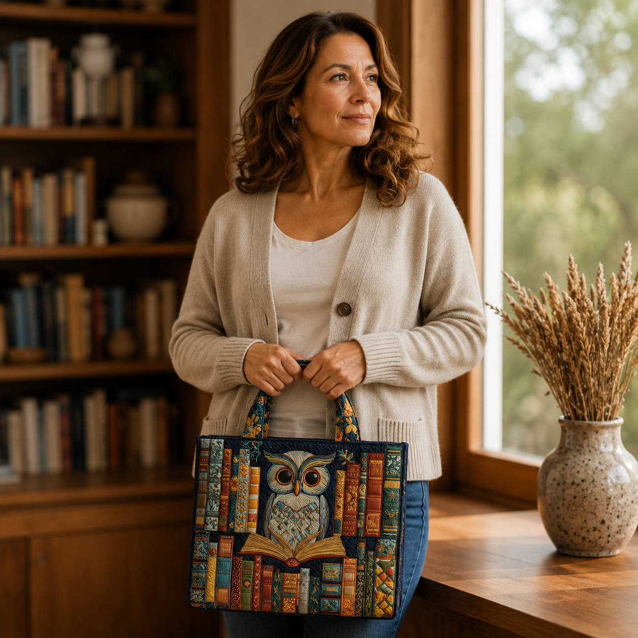 Handgefertigte Tasche | Eule und alte Bücher