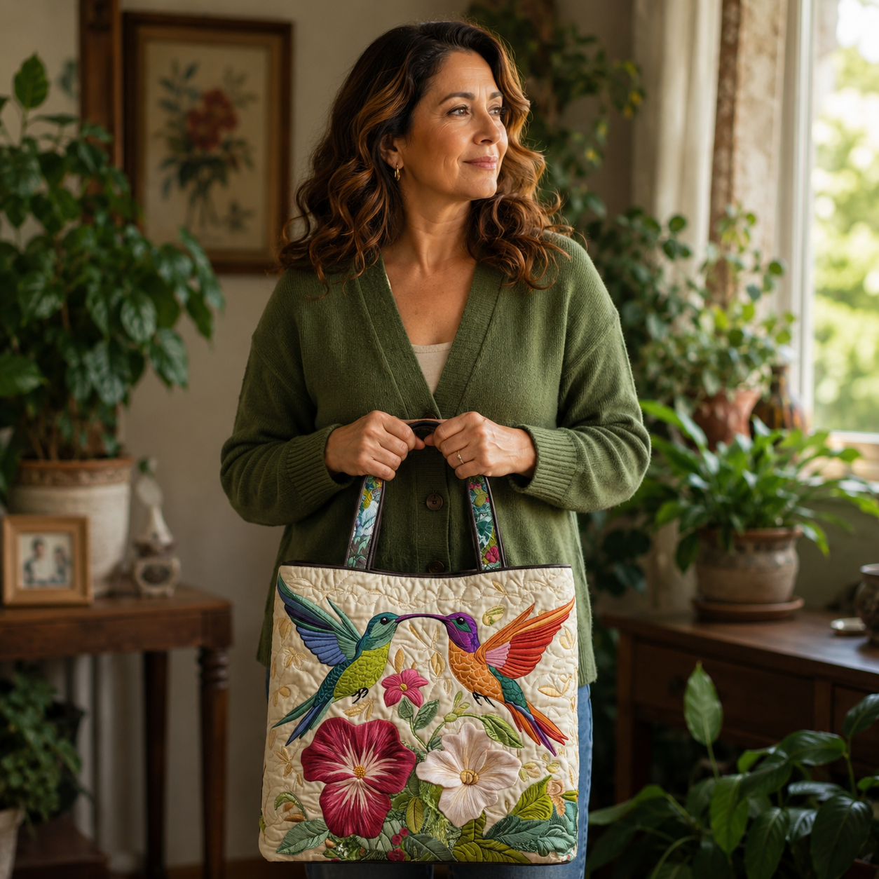 Handgefertigte Tasche | Kolibri und weiße Blumen