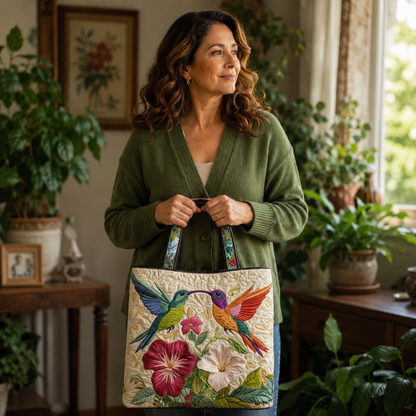 Handgefertigte Tasche | Kolibri und weiße Blumen