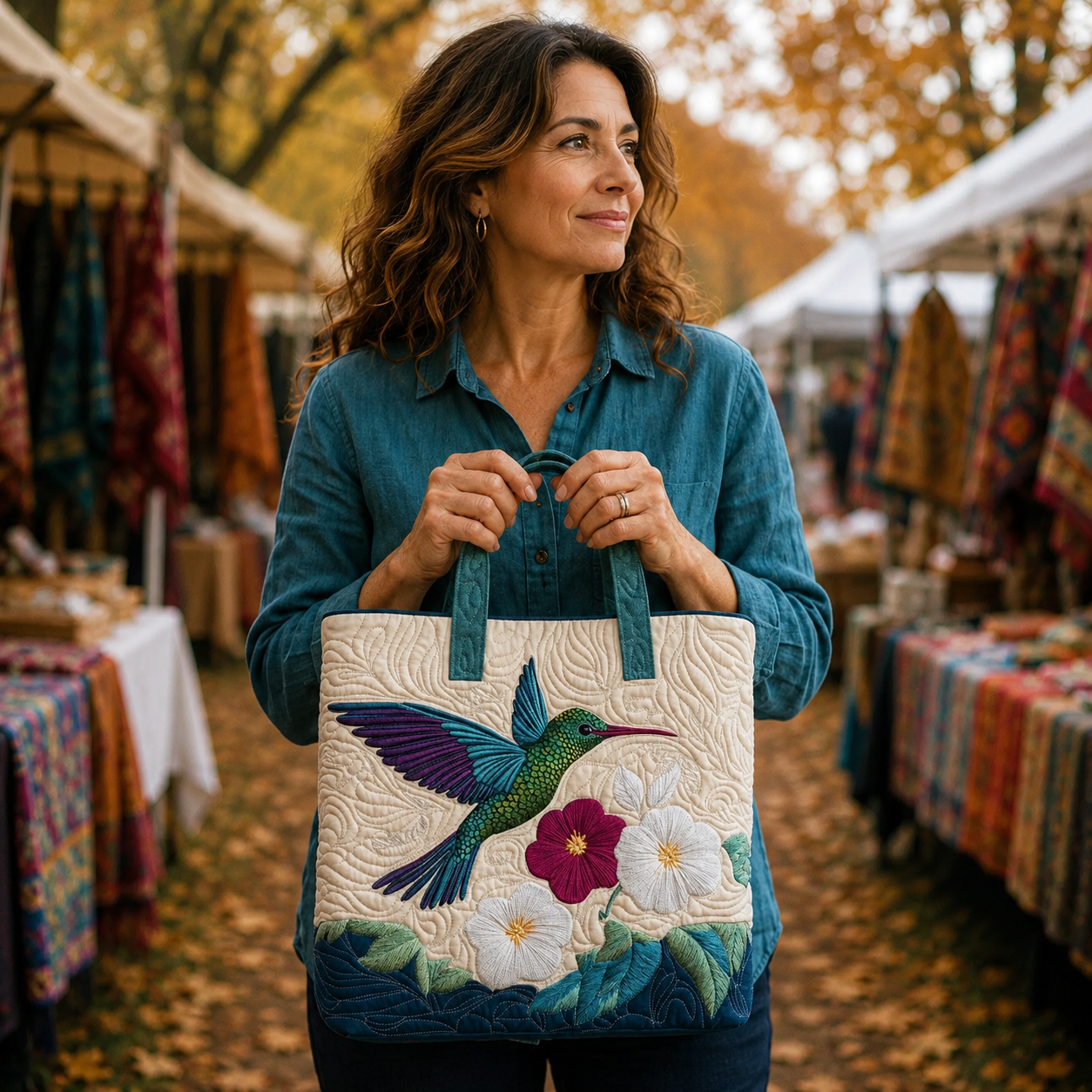 Handgefertigte Tasche | Kolibri und Weiße Blume