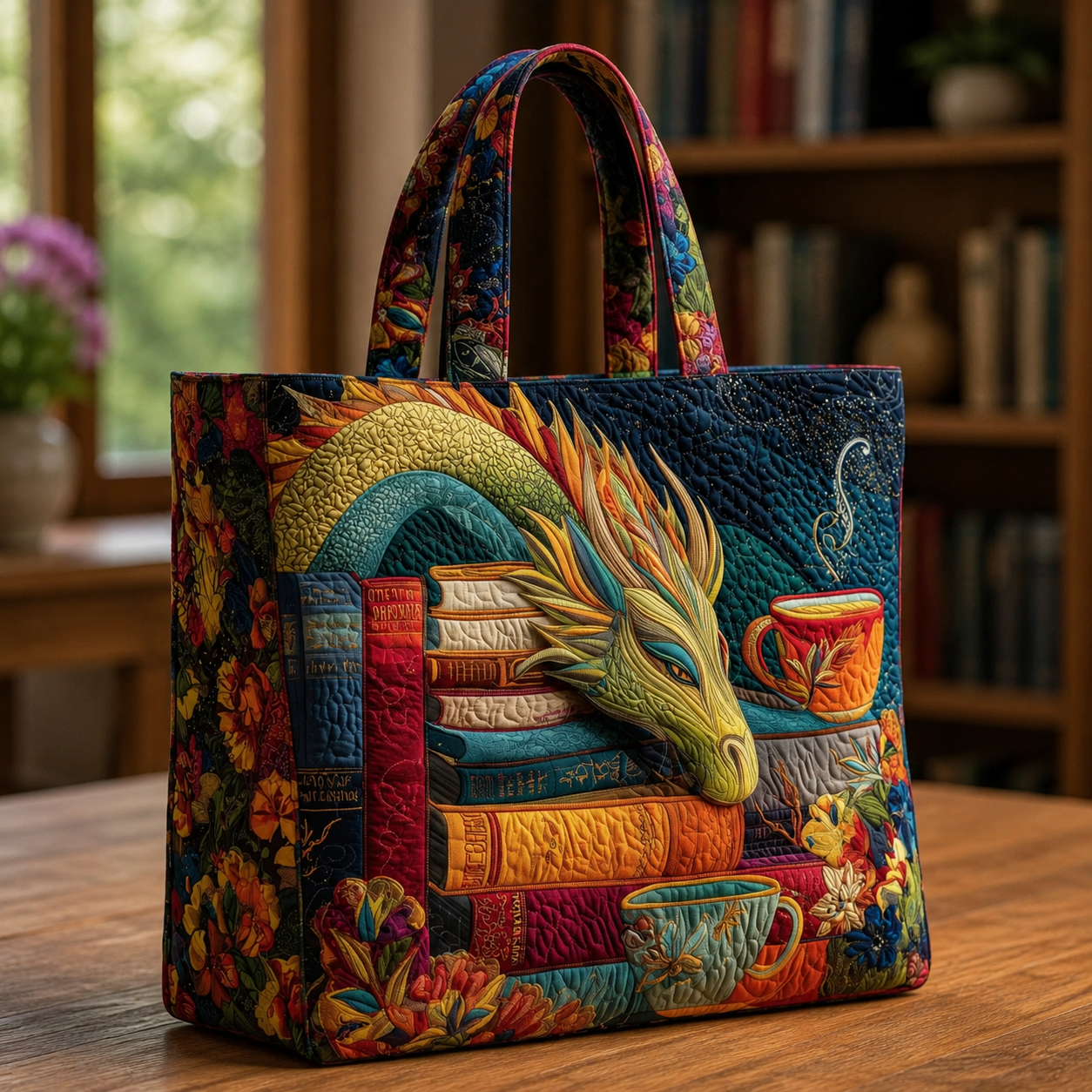 Handgefertigte Tasche | Drache beim Lesen von Büchern und Tassen
