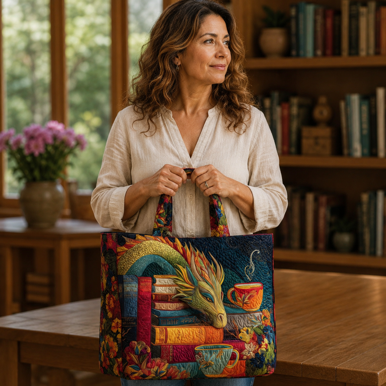 Handgefertigte Tasche | Drache beim Lesen von Büchern und Tassen