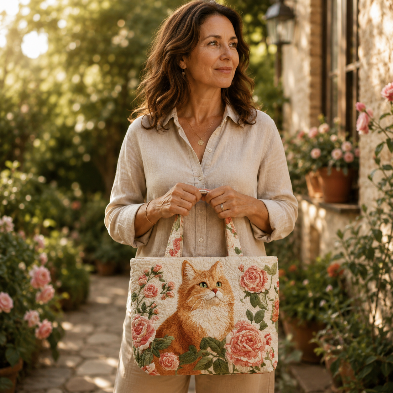 Handgefertigte Tasche | Orange Katze mit Rosen