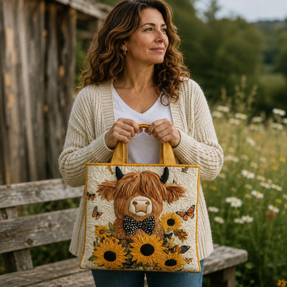 Handgefertigte Tasche | Hochlandkuh mit Sonnenblumen