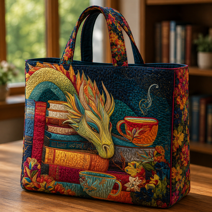 Handgefertigte Tasche | Drache beim Lesen von Büchern und Tassen