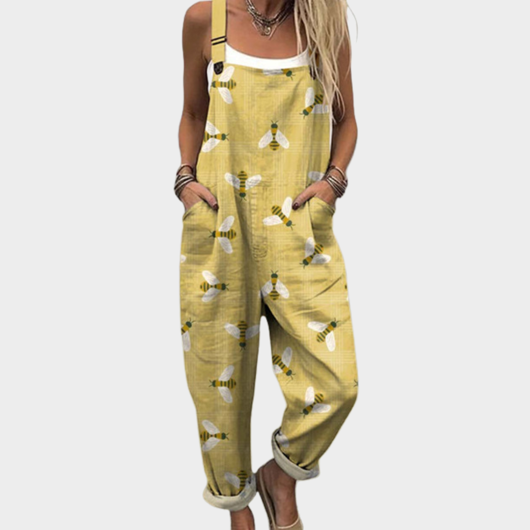 Rebecca | Latzhose mit sommerlichen Sonnen- und Bienenmotiven